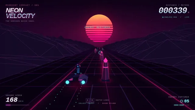 GPT-6 Astra, Raw API (one-shot): Synthwave hover-bike racer on a neon grid highway (Three.js)