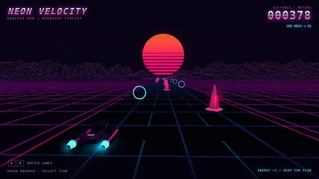 gpt-6.1-sol, Raw API (one-shot): Synthwave hover-bike racer on a neon grid highway (Three.js)