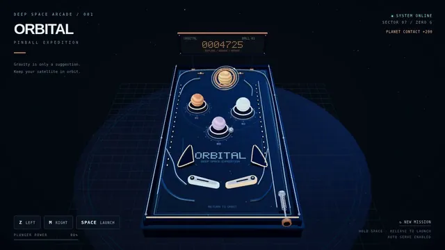 GPT-6 Astra, Raw API (one-shot): Outer-space pinball table with planet bumpers (Three.js)