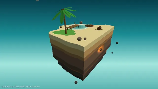 Claude Fable 5.1, Raw API (one-shot): Floating pirate island diorama with a cliff cross-section (Three.js)
