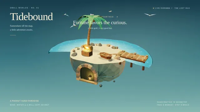 gpt-6.1-sol, Raw API (one-shot): Floating pirate island diorama with a cliff cross-section (Three.js)