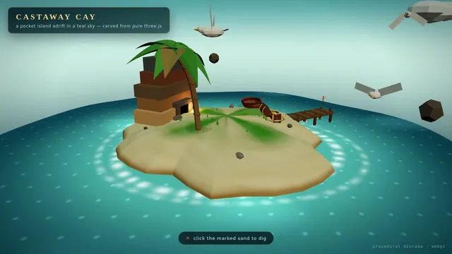 qwen3p8-max, Raw API (one-shot): Floating pirate island diorama with a cliff cross-section (Three.js)