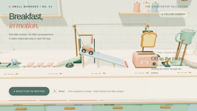 GPT-6 Astra, Raw API (one-shot): Rube Goldberg breakfast machine on a kitchen countertop (Three.js)
