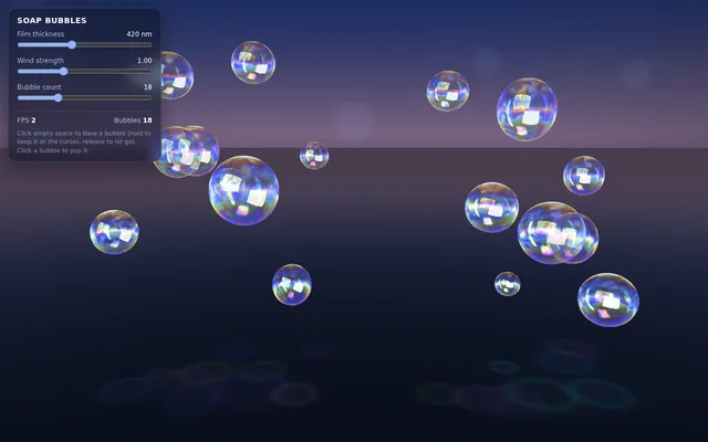Claude Sonnet 5.5, Claude Code: Soap bubble shader playground