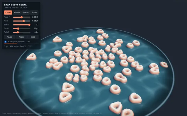 Claude Opus 5.5, Claude Code: Webgl reaction diffusion coral